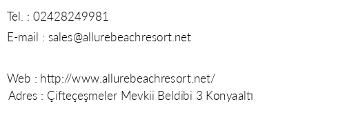 Allure Beach Resort telefon numaralar, faks, e-mail, posta adresi ve iletiim bilgileri